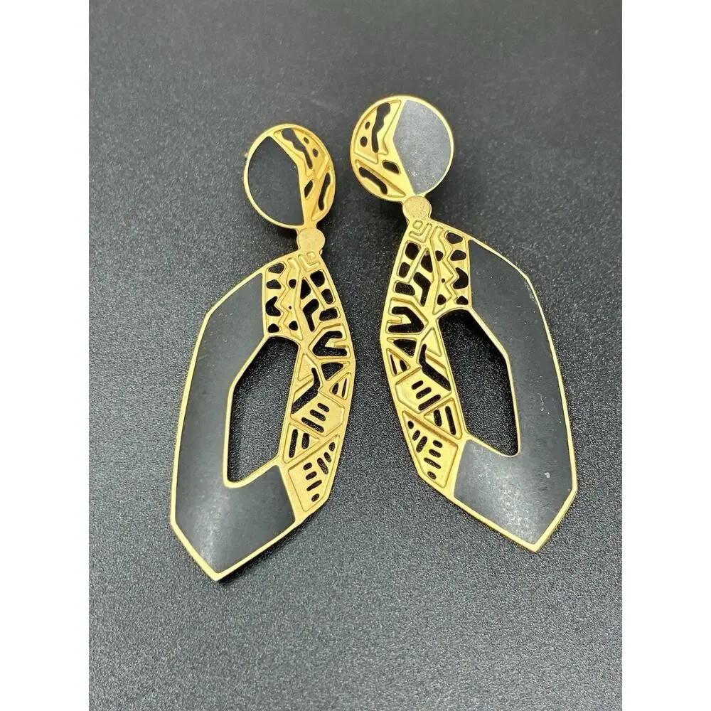 Vintage Berébi Gold Black Enamel Art Deco Earrings Geometric Modernist Pierced